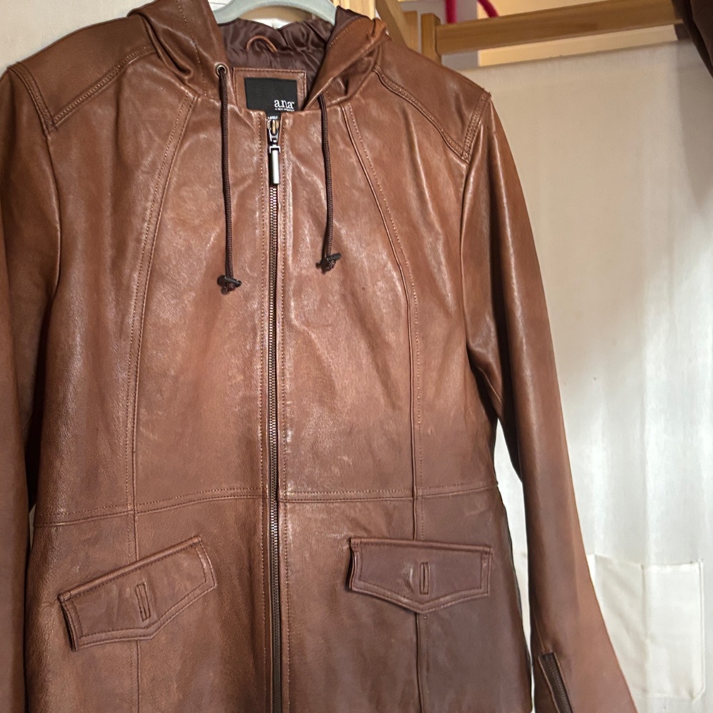 A.N.A.         A New Approach     Brown Leather Bomber Jacket with hoodie